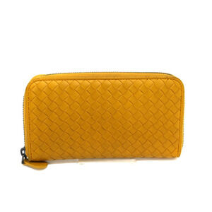 Bottega Veneta yellow leather round wallet intrecciato zipper